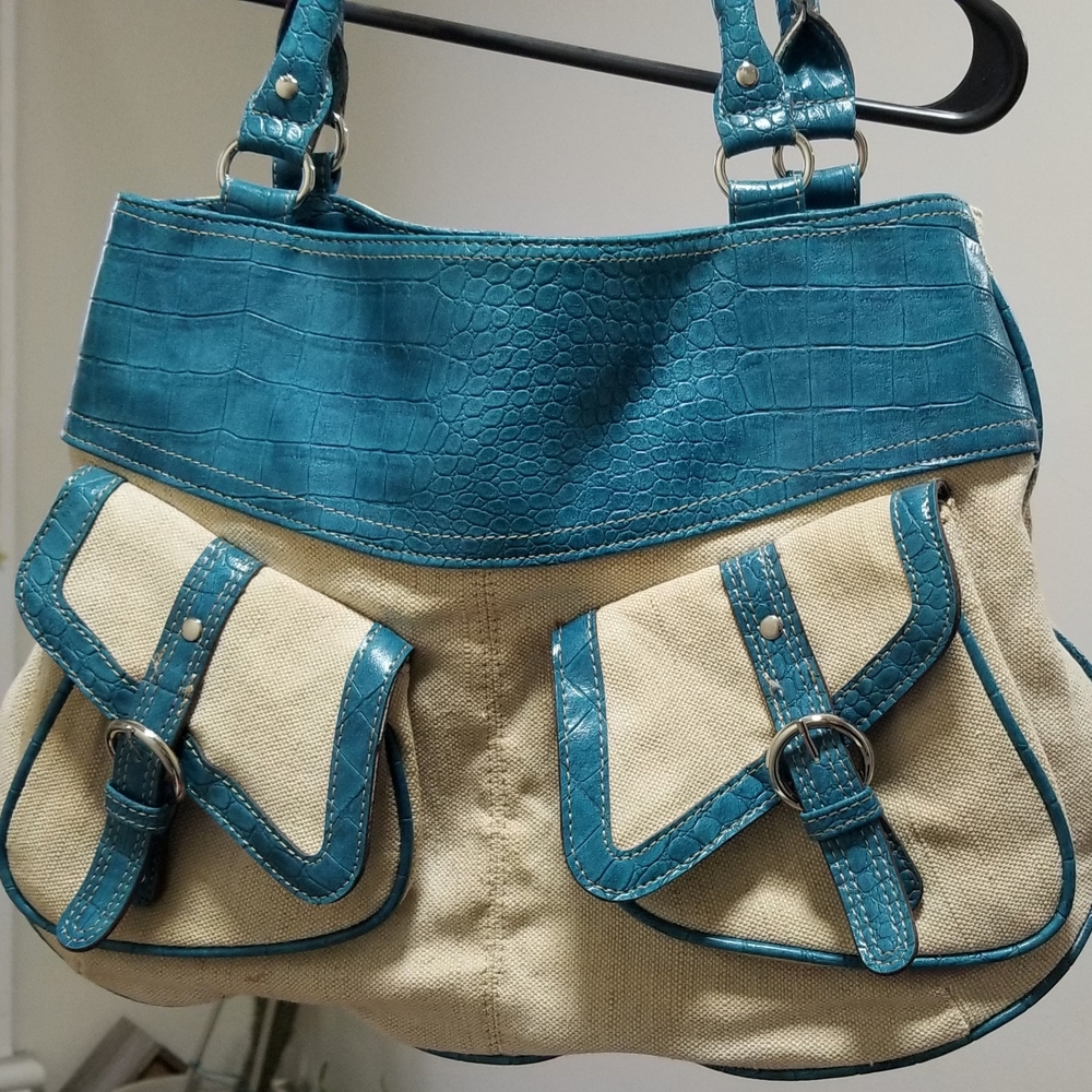 Elegant Teal and Beige Shoulder Bag